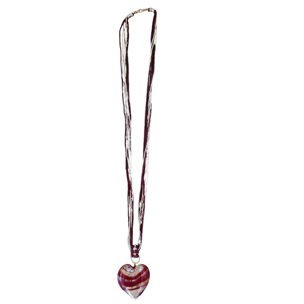 Red Glass Heart Pendant Necklace Gold Swirl Murano Style Beaded Multi Strand